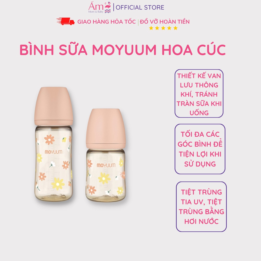 Bình Sữa Moyuum Nội Địa Hàn Quốc Hoa Cúc PP Bởi Ấm Baby Nhựa PPSU Núm Silicon Siêu Mềm Cho Bé 170ml/ 270ml Ấm Gift Decor