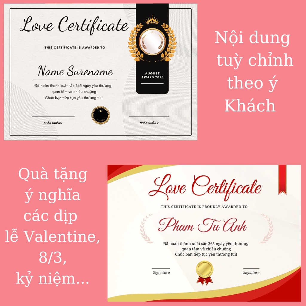 Chứng chỉ tình yêu in theo yêu cầu Khổ A4, A5, Certificate of love