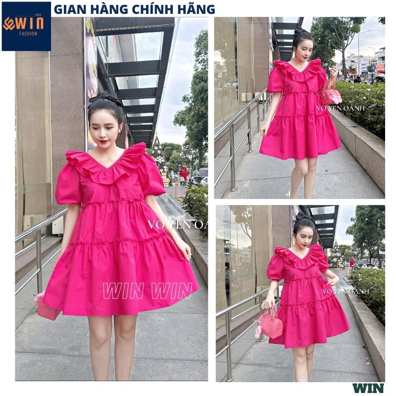 Váy babydoll cổ tim bèo thiết kể tay bồng dáng ngắn, Đầm hồng tiểu thư bồng bềnh chất thô mềm đi chơi cực xinh - WIN