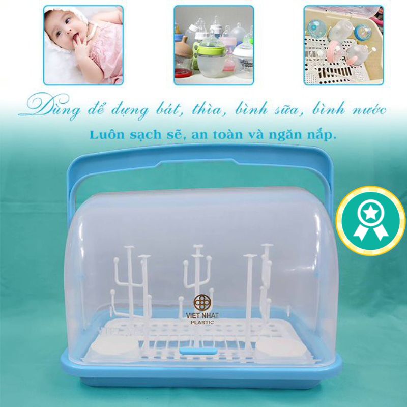 Khay Úp Bình Sữa Cho Bé Có Nắp Đậy Nhựa Việt Nhật - Giá Úp ly, Úp Cốc Có Khay Ráo Nước Ngăn Bụi Bẩn Và Chống Côn Trùng