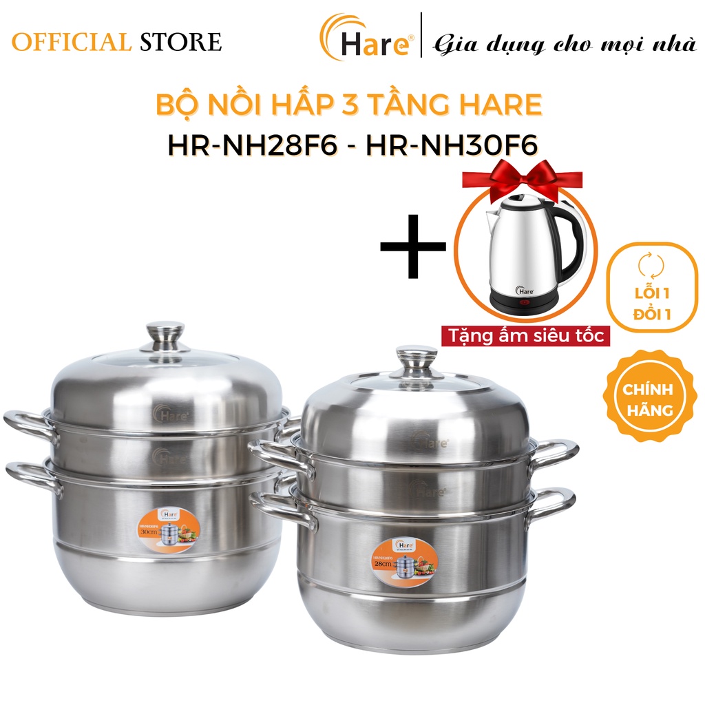 Bộ nồi hấp inox cao cấp đáy từ 3 tầng vung kính - thương hiệu Hare - lỗi 1 đổi 1