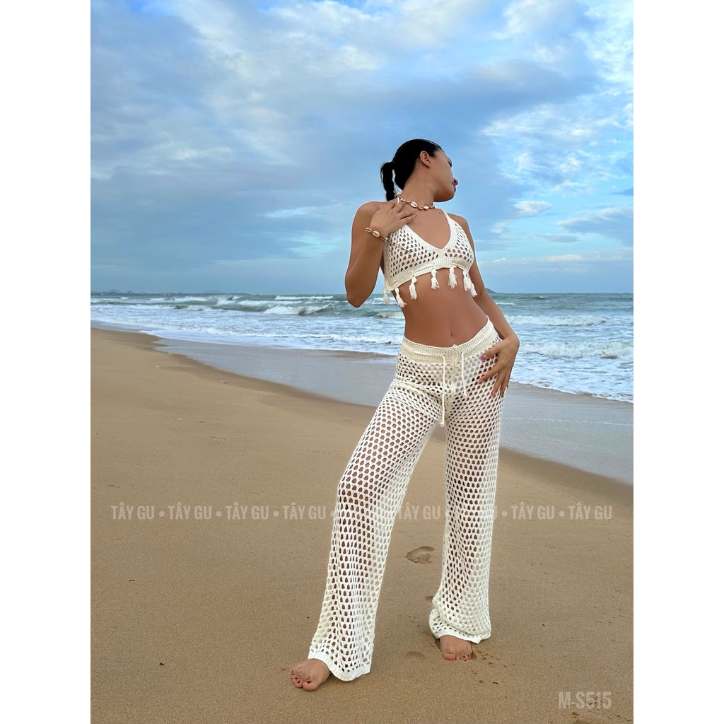Bộ len móc lưới quần dài áo bikini gắn tua rua boho - Tây Gu