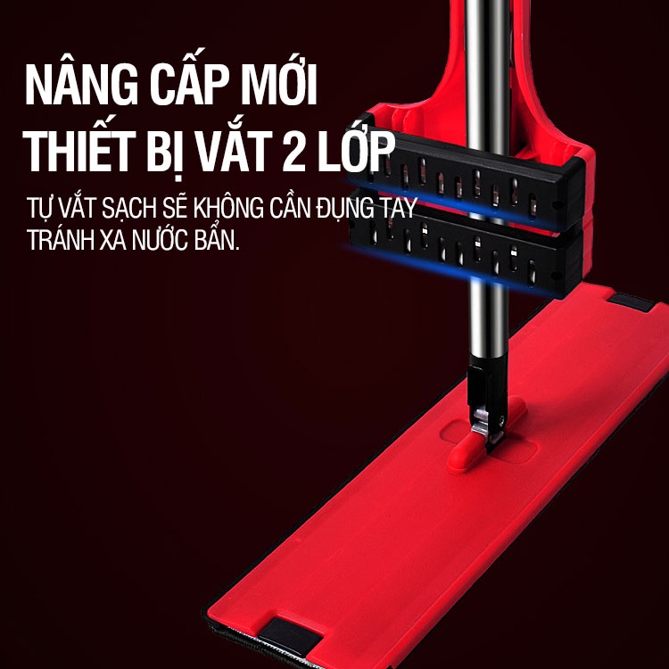 Cây lau nhà tự vắt Kitimop-RedMax bàn lau lớn 45cm, hệ thống vắt kép, thanh thép chống gỉ, khớp xoay 360 độ, 2 bông lau