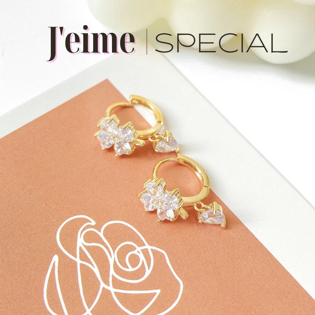 Khuyên tai chuôi bạc 925 cỏ 4 lá đính đá Feuilles, bông tai nữ tính dịu dàng J'eime