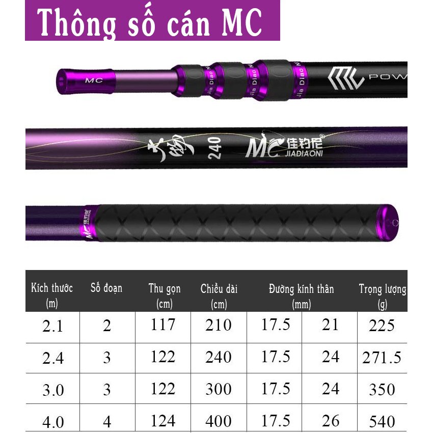 Cán Vợt Săn Hàng MC Tím - Cán MC 2M4 Và 3M