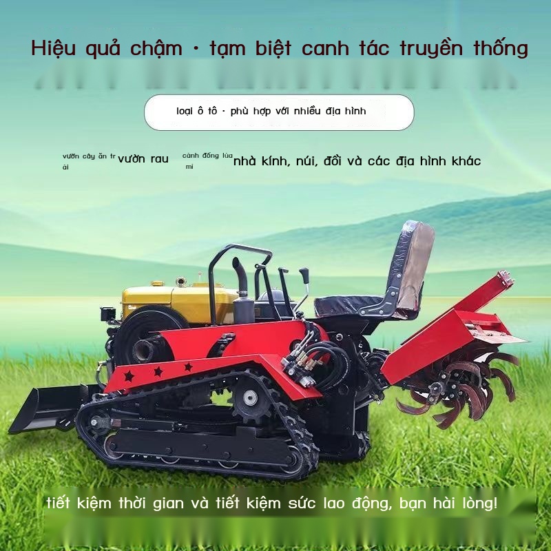 Máy xới quay bánh xích nhỏ đa chức năng bỏ rải phân bón vườn cây ăn trái đi xe kéo đất