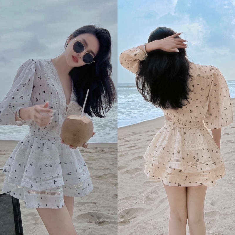 Set croptop xô hoa nhí viền ren cổ V tay phồng + Chân váy ngắn xoè tầng