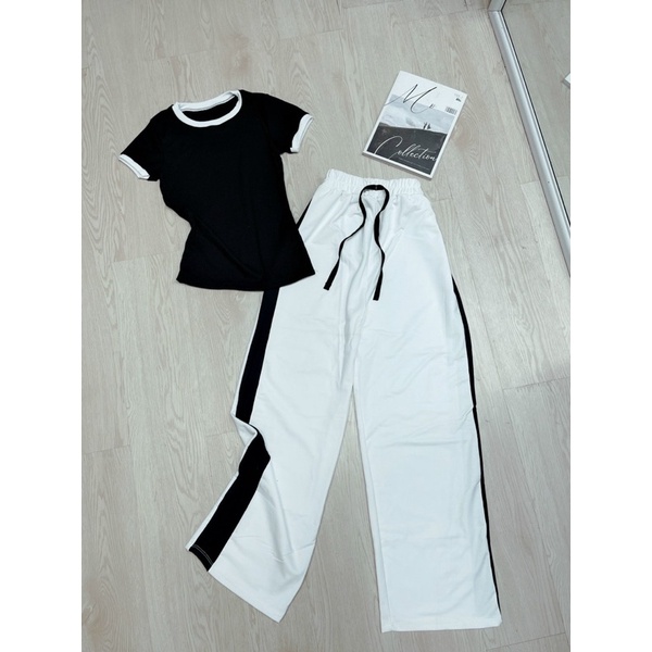 Set Bộ Áo Croptop Viền Cổ Tròn + Quần Ống Xuông DÂY THỪNG Lai Viền CÓ TÁCH LẺ MÓN