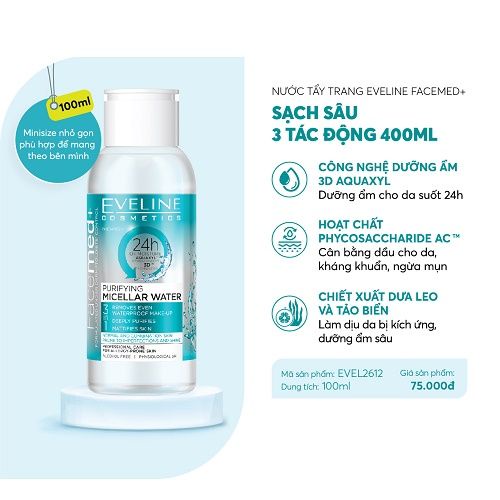 Nước tẩy trang Eveline Facemed+ sạch sâu 3 tác động làm sạch nhẹ dịu cả lớp makeup lì 100ML