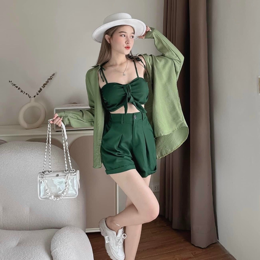 Set bộ ba món croptop hai dây, quần đùi form rộng kèm áo khoác sơ mi thích hợp đi biển, Set bộ đồ nữ ba món áo khoác tay