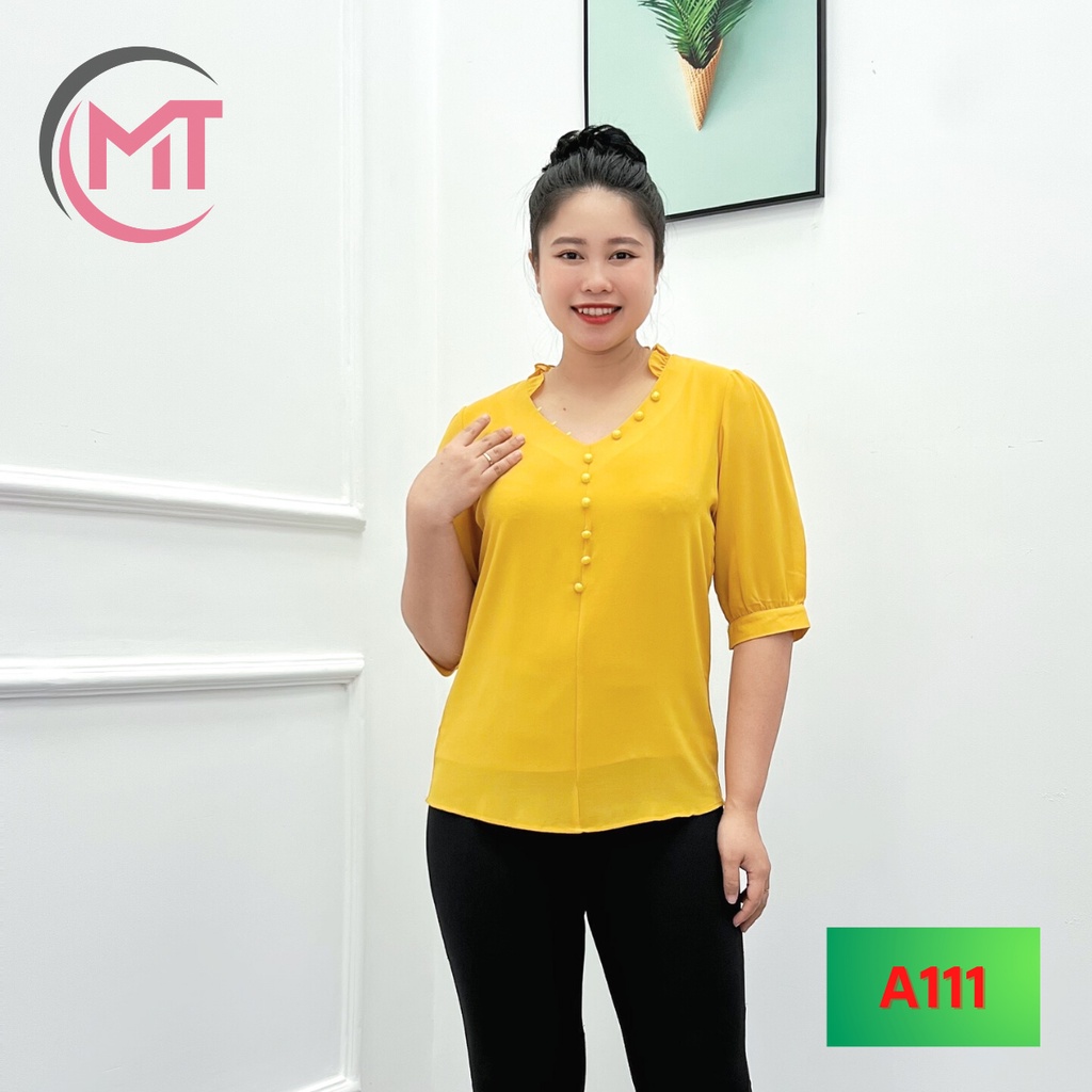 Áo Trung Niên MAI THY MT111, Kiểu Sơ Mi Nữ Bigsize Cổ Bèo Tay Lỡ Phối Nút Lịch Sự Trang Nhã | Thời Trang Trung Niên U40