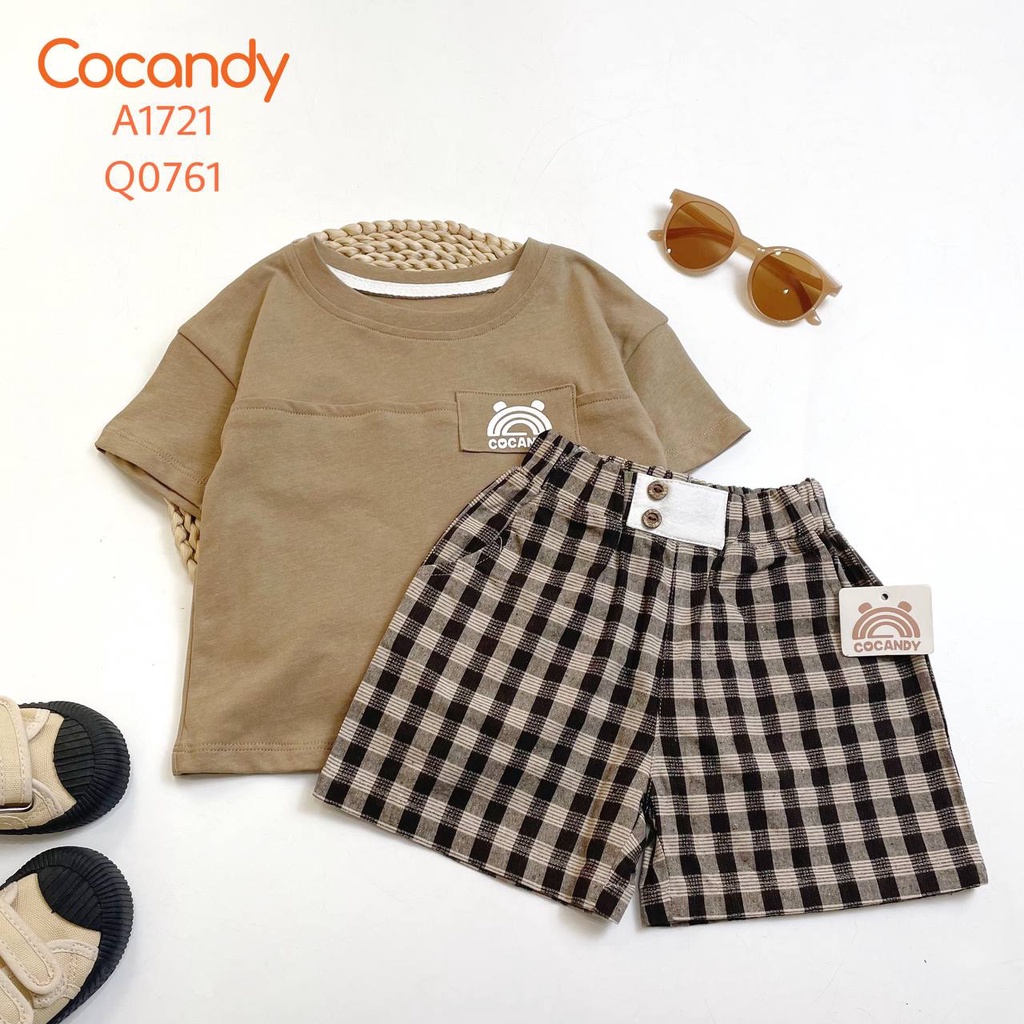 Set đồ cho bé -Áo cộc thun NÂU RÊU ngực COCANDY và Quần cộc caro NÂU ĐEN 2 cúc cho bé của COCANDY mã A1721,Q0761