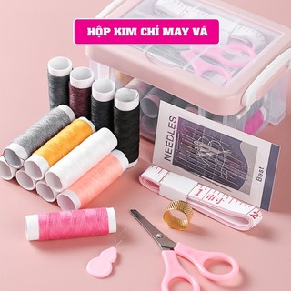 Hộp kim chỉ may vá đa năng gia đình - kim khâu, chỉ, kéo, thước dây, đủ size màu mini