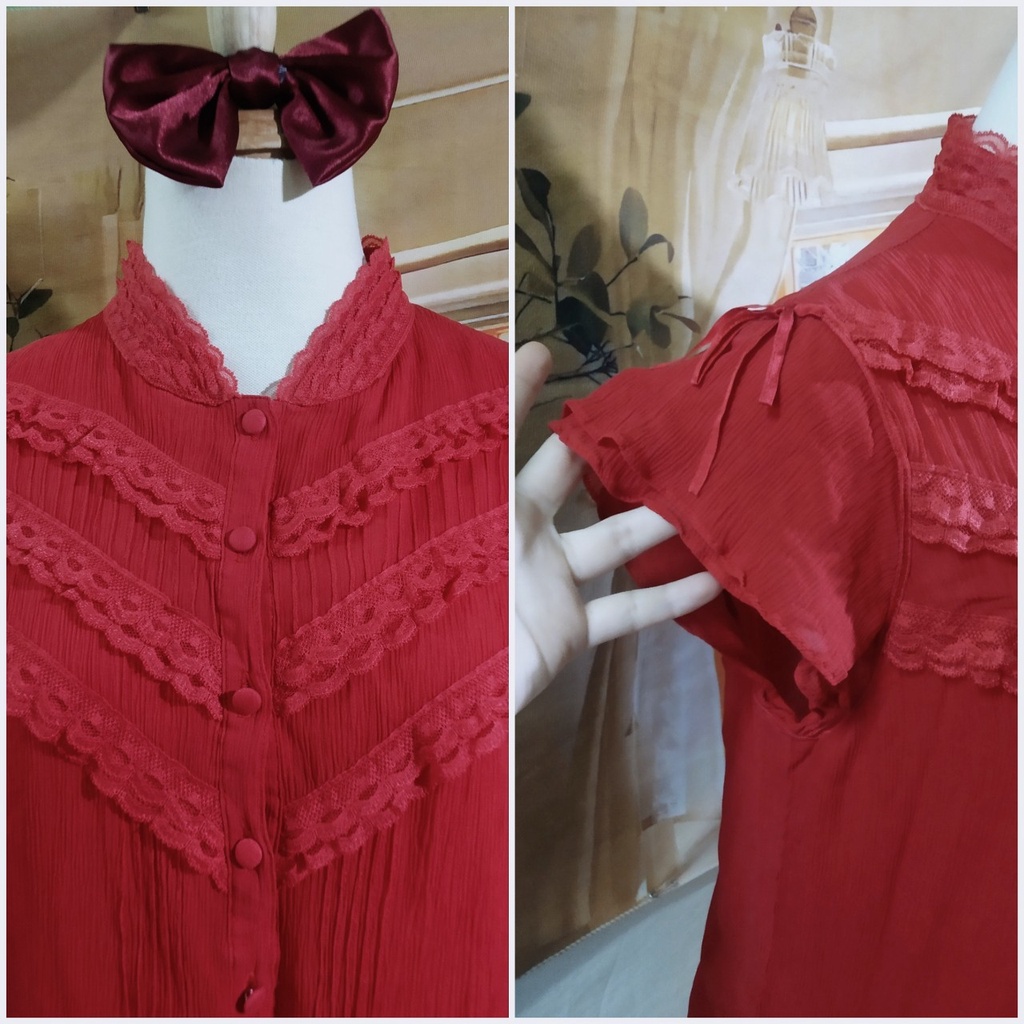 |2hand| Áo sơ mi voan nhún xếp ly CALLIA viền bèo ren