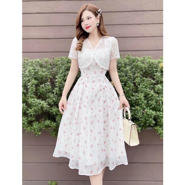 Đầm voan hoa 2 dây kèm áo khoác ren siêu sang chảnh