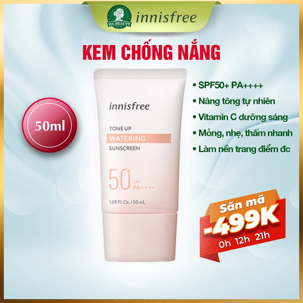 Kem chống nắng nâng tông innisfree Tone Up Watering Sunscreen SPF 50+ PA++++ 50 mL