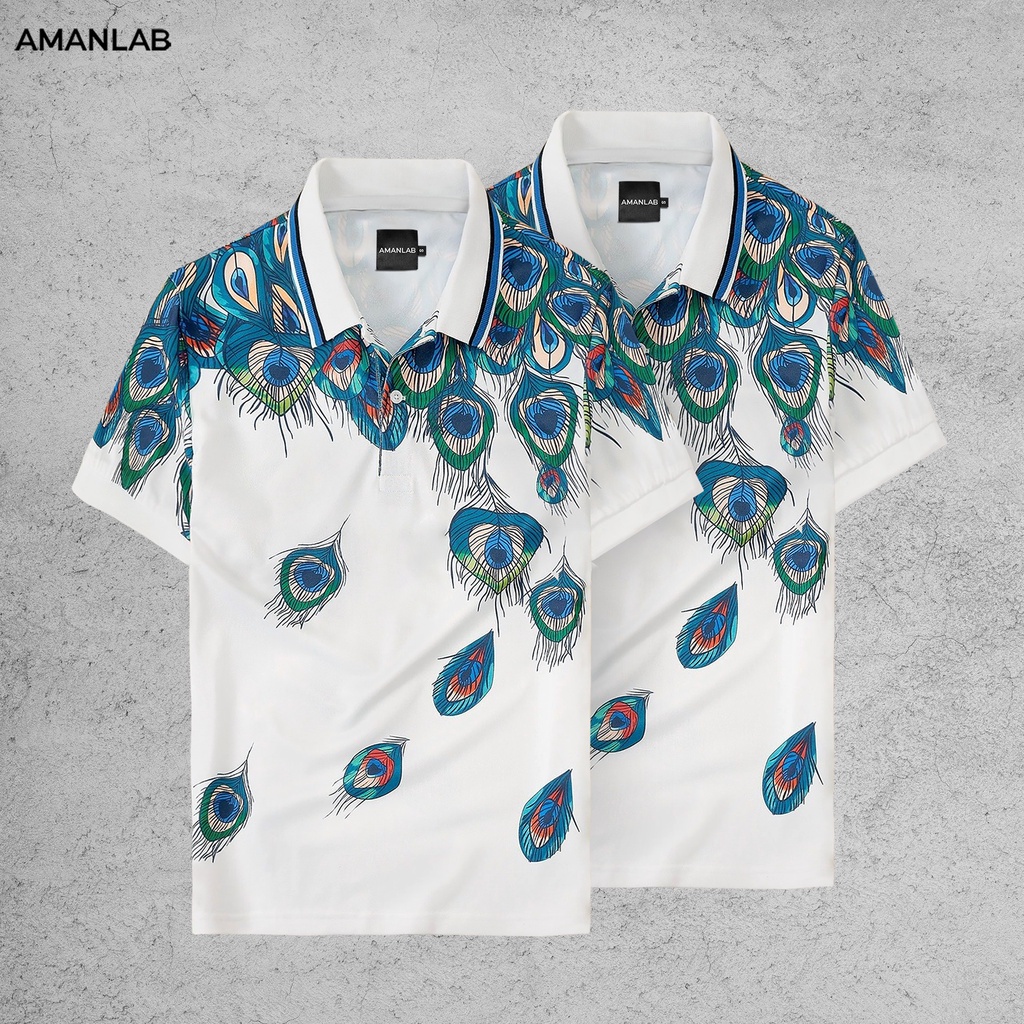 Áo thun polo nam ngắn tay, cổ bẻ, in họa tiết lông công trắng, form ragular Peacock Trắng AMANLAB