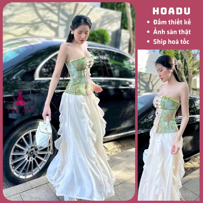 Set áo gấm hoa cúp ngực phối chân váy lai bèo cho nàng dạo phố đi biển quyến rũ