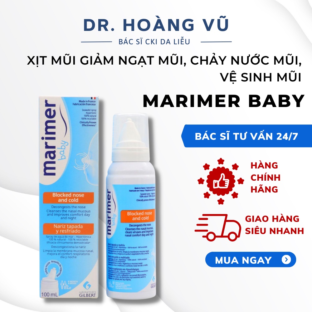 Xịt mũi ƯU TRƯƠNG Marimer Baby - giảm ngạt mũi, chảy nước mũi, vệ sinh mũi 100ml - Hàng chính hãng - Dr. Hoàng Vũ