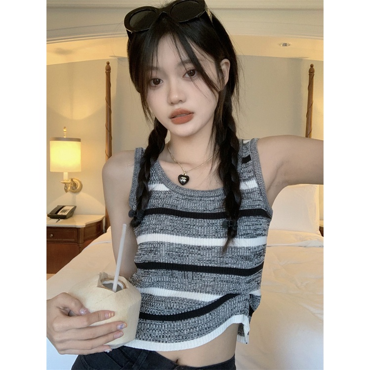 HUANG YOYO Áo Tank Top Dệt Kim Sát Nách Kẻ Sọc Kiểu Hàn Quốc Thời Trang Mùa Hè Cho Nữ
