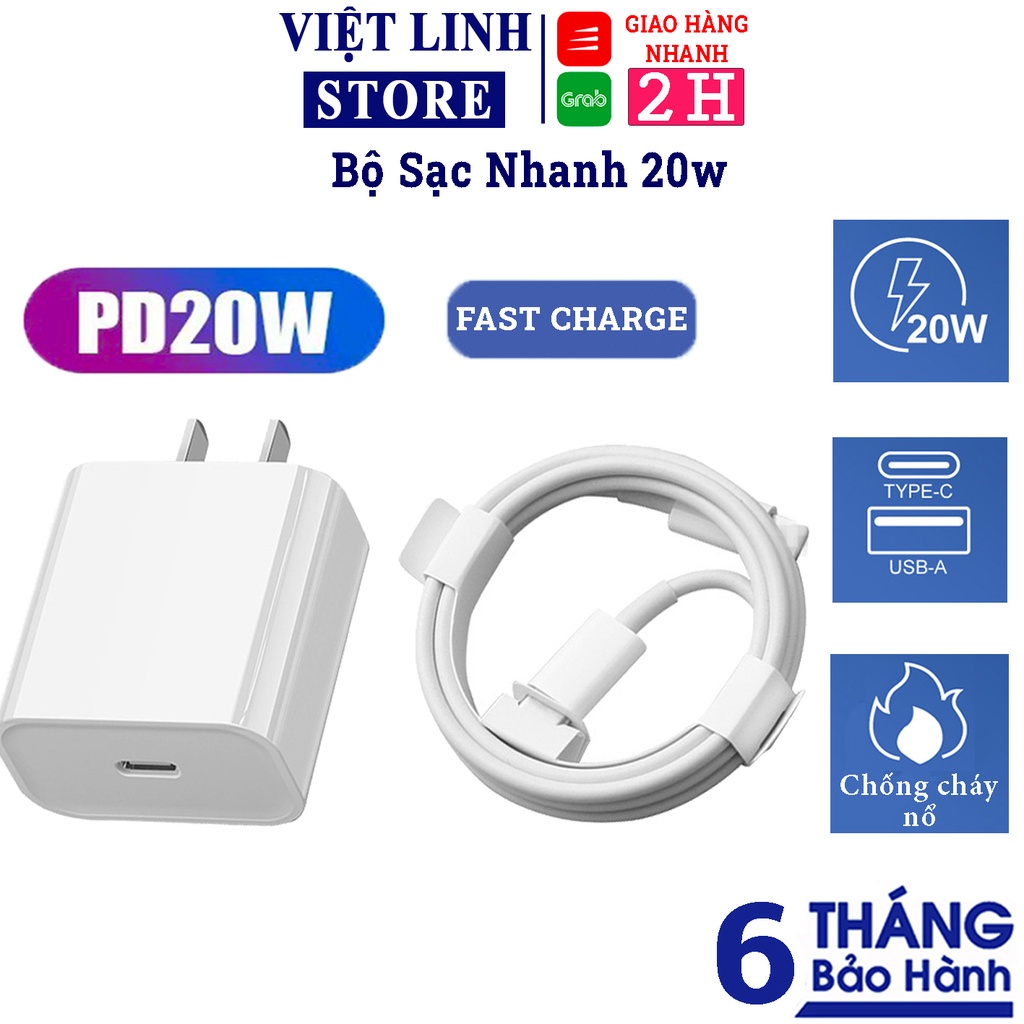 Bộ sạc nhanh 20w PD, củ sạc nhanh 20w, cáp Type C 20w bảo vệ pin điện thoại - BH 12 tháng