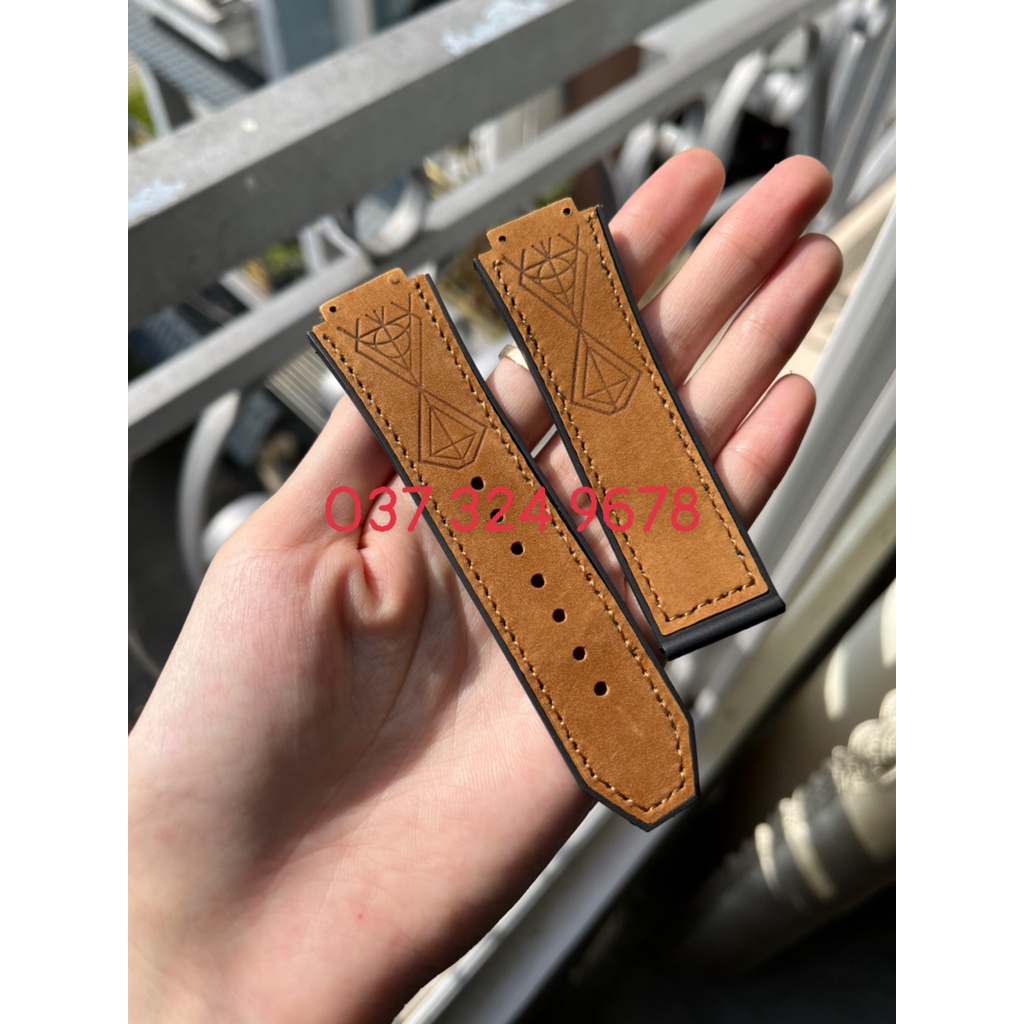 Dây đồng hồ HBT case 45mm da lộn nâu vàng kẻ sọc size dây A = 17, B = 25, C = 22