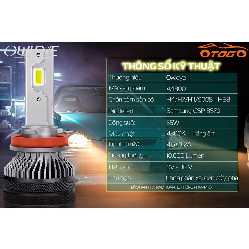 Đèn Led Ô Tô Owleye A4300 Chân H4, Nhiệt Màu Vàng Nắng 4300K Siêu Bám Đường 55W