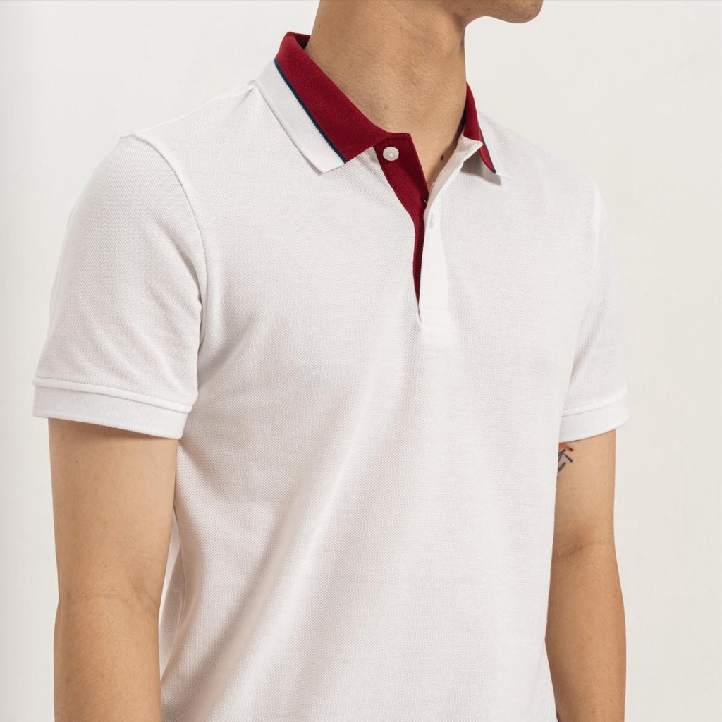 Áo Polo nam Massi 08 màu trắng cổ bẻ phối đỏ vạch đen trắng, chất liệu vải co giãn | BigBuy360 - bigbuy360.vn