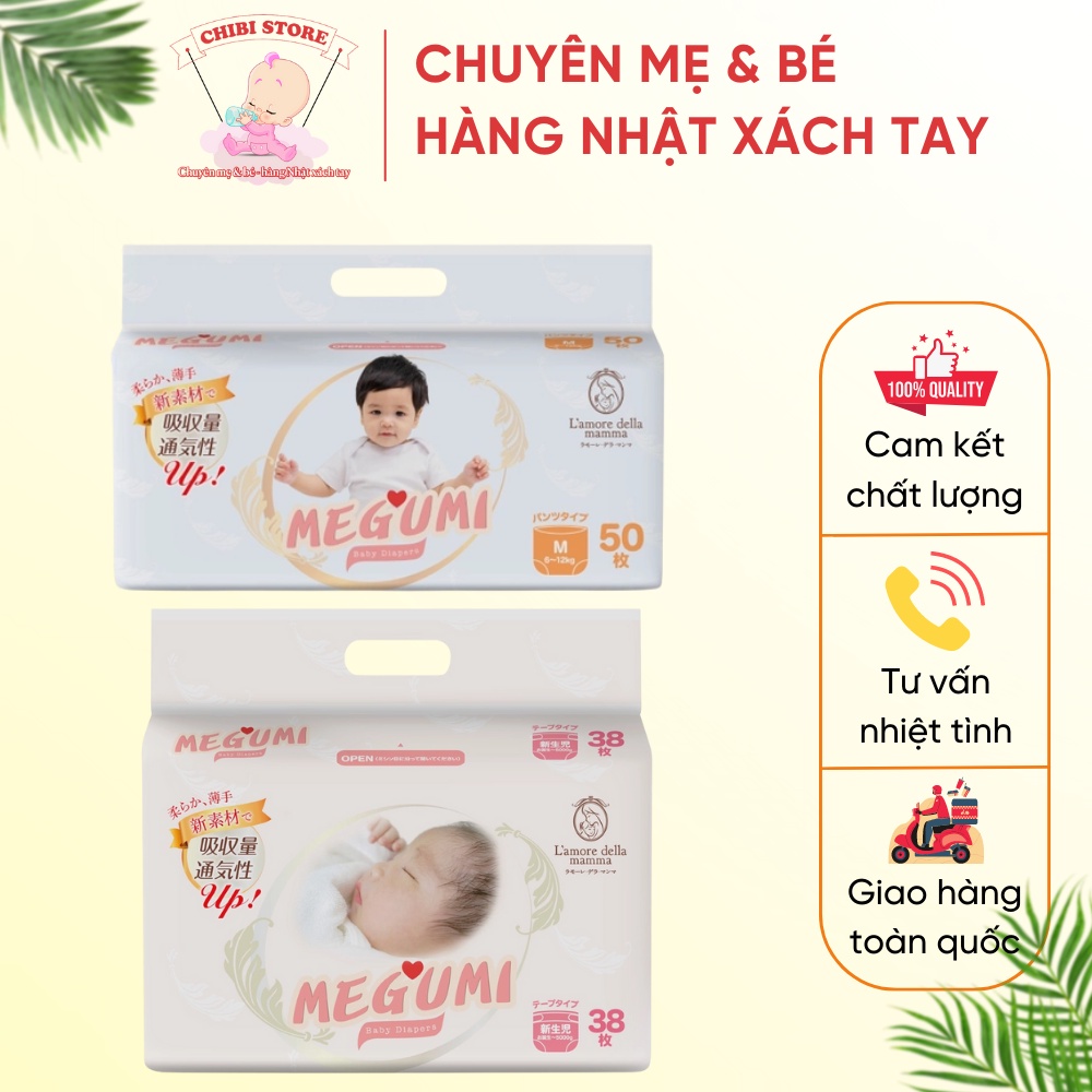 Bỉm dán/quần MEGUMI  ⚡ CAO CẤP ⚡  BỈM các Size NB38/S48/M42/L44/XL38/XXL26, Thiết kế mỏng nhẹ, khô t