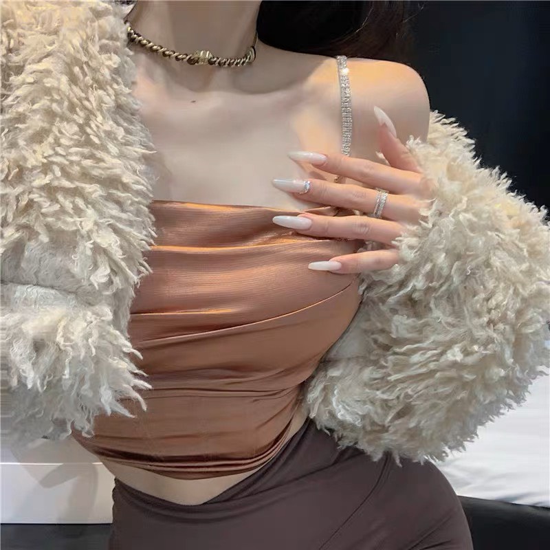 A10 Áo Hai Dây Nữ Croptop Lụa Xếp Ly Ngực Dây Đá Sang Trọng Quyến Rũ, Áo Bra Kiểu Nữ Gợi Cảm Sexy