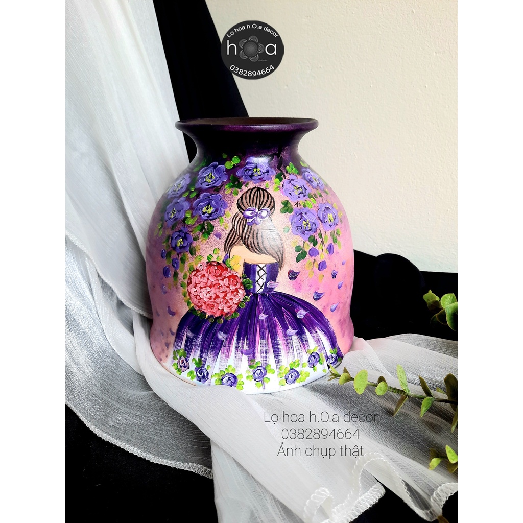 Lọ hoa gốm vẽ tay cô gái hoa hồng tím M1 (Ảnh chụp thật)Lọ hoa h.O.a decor
