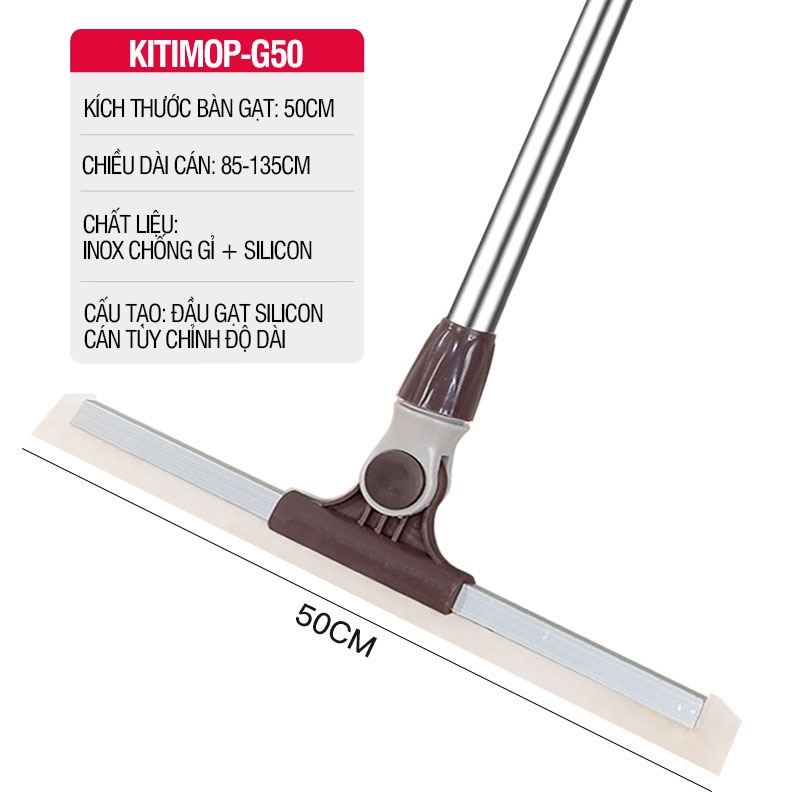 Cây gạt nước sàn nhà Kitimop-G35 có lưỡi silicon gạt nước siêu sạch, cán thép chống gỉ tăng giảm chiều dài từ 85-135cm