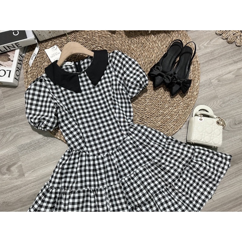 Váy Kẻ Xếp Tầng Phối Cổ Siêu Xinh Mã KV6