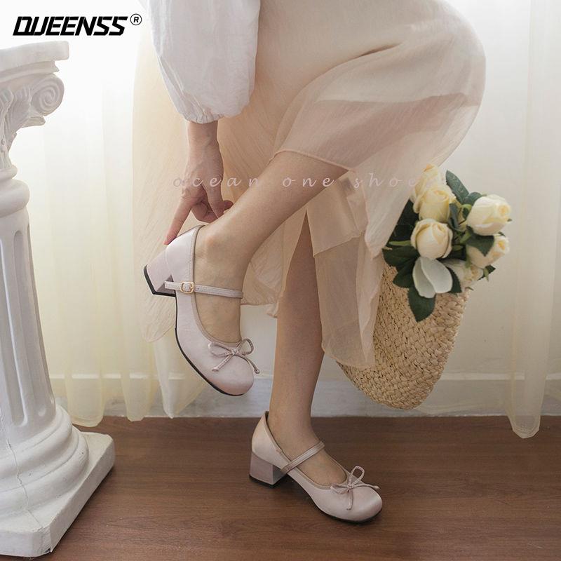 Giày Búp Bê Mary Jane Gót Vừa Phối Nơ Satin Phong Cách Retro Mùa Xuân 2023