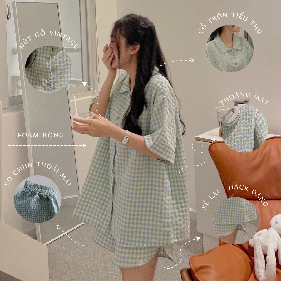 Set Đồ Nữ Kẻ Caro JEM CLOSET Phong Cách Hàn Chất Xốp Mịn Mát OWW 8132