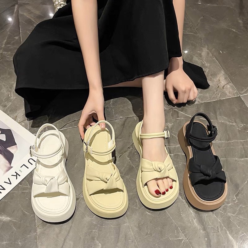 Giày sandal nữ nơ phong cách tiểu thư bánh bèo đế cao 5cm chất liệu da PU cao cấp phù hợp đi học