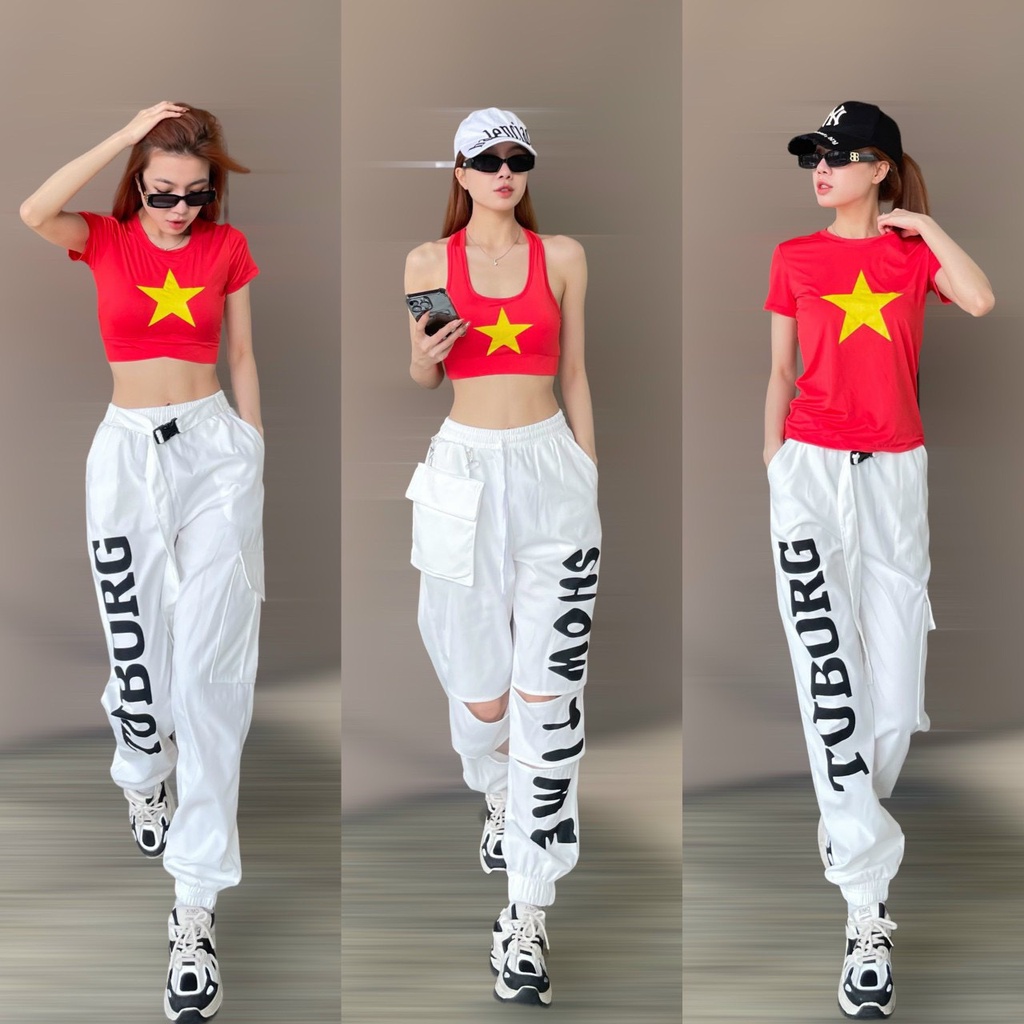 Bộ tập gym nữ Cờ Đỏ gồm quần jogger Turbo chất kaki và áo cờ đỏ sao vàng chất thun mềm co giãn