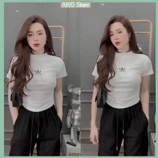 Áo Phông Nữ Ôm Body Baenciaga Rút Eo Nhẹ Áo Thun Croptop Nữ Phối Sọc Vai Có Đệm Vai Freesize