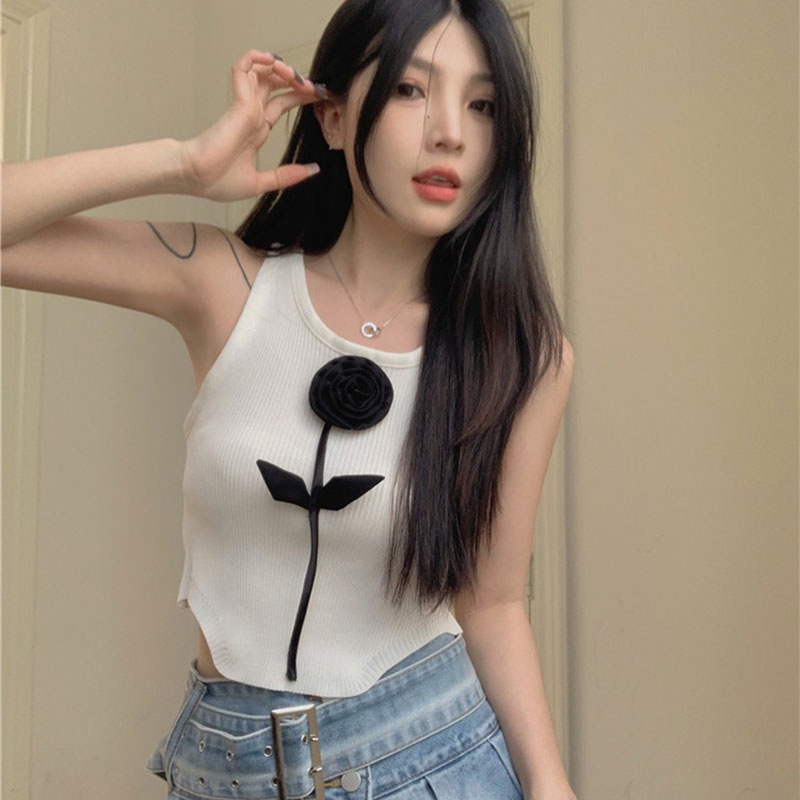 Áo Hai Dây Dệt Kim Họa Tiết Hoa Ba Chiều Ôm Dáng Phong Cách Hàn Quốc Mới Cho Nữ