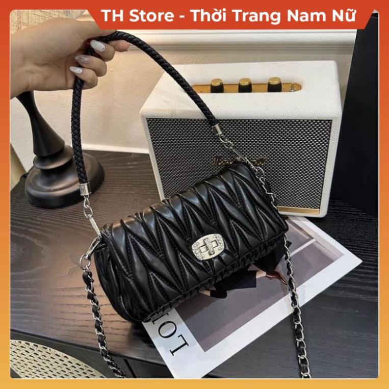 Túi xách nữ đeo vai kẹp nách da phồng vân lá kim , Túi sách đeo chéo màu đen trắng xanh du lịch thời trang TH Store