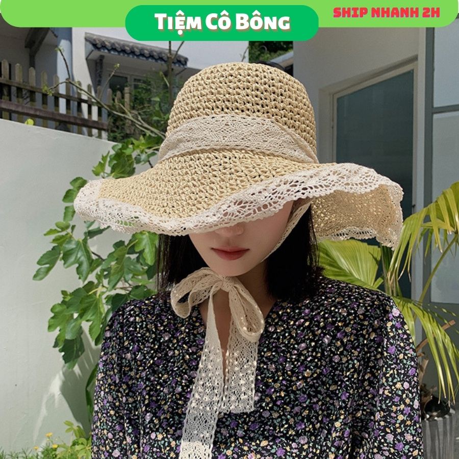 Mũ nón cói mềm viền ren dây ren buộc cổ tiểu thư