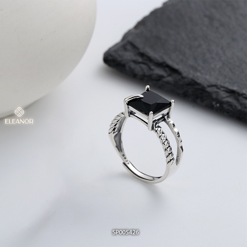 Nhẫn nữ hở bạc 925 Eleanor Accessories viền đan xoắn đính đá vuông phụ kiện trang sức 5426