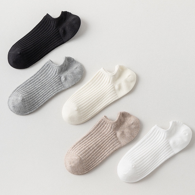 Vớ FHYL cotton cổ thấp màu trơn gân sọc dọc hai lớp phong cách Nhật Bản thời trang xuân hè dành cho nữ