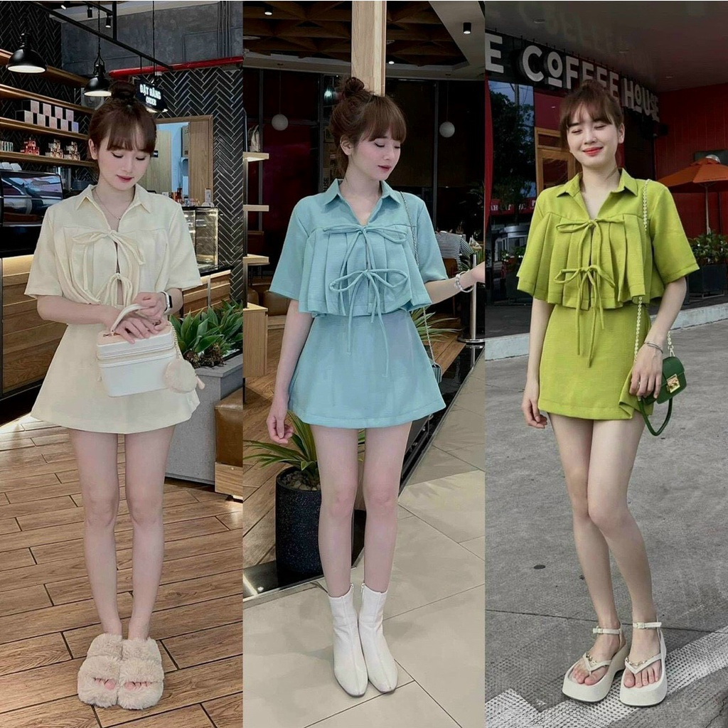 Sét bộ váy nữ và áo tay ngắn cổ sơ mi xếp ly ngực cột nơ quá dễ thương (váy có lót quần và khóa kéo)