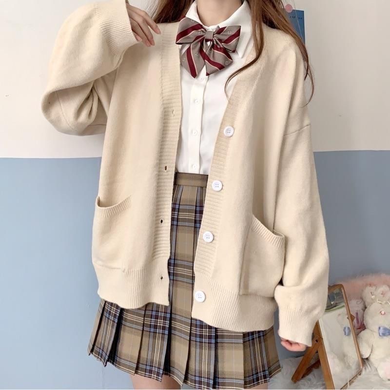 Áo khoác len Cardigan nữ dài tay cài cúc kèm túi dễ thương phong cách học sinh JK Nhật Bản A00075