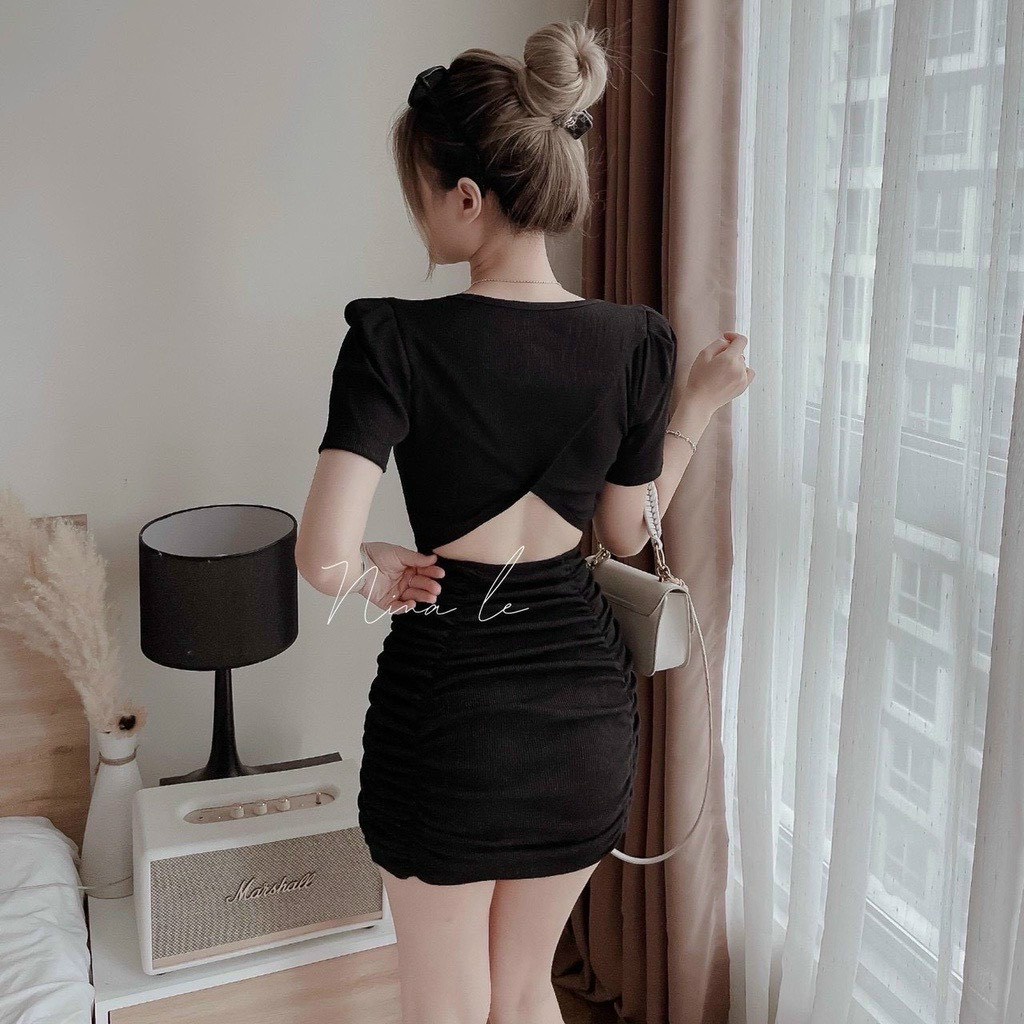 [4.4 Sales Freeship] Đầm thun ôm body dáng ngắn, đầm thun gân cổ tròn tay ngắn hở lưng nhún eo tôn dáng kèm ảnh thật mtb