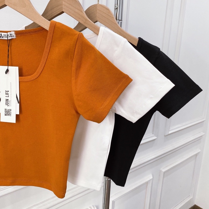 Áo croptop cổ vuông 3 màu, chất cotton bozip siêu co giãn, thấm hút mồ hôi