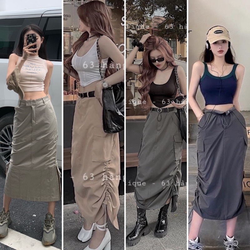 Set áo thun gân sát nách với chân váy kaki rút dây 2 bên túi hộp trắng đen