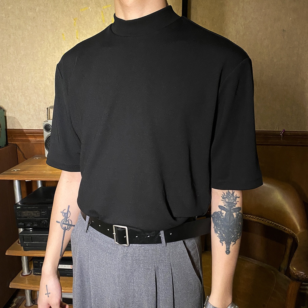 ✦ AFFLIGE ✦Áo Thun Đen Tay Ngắn Cổ Cao Thời Trang Cho Nam Size M-2XL