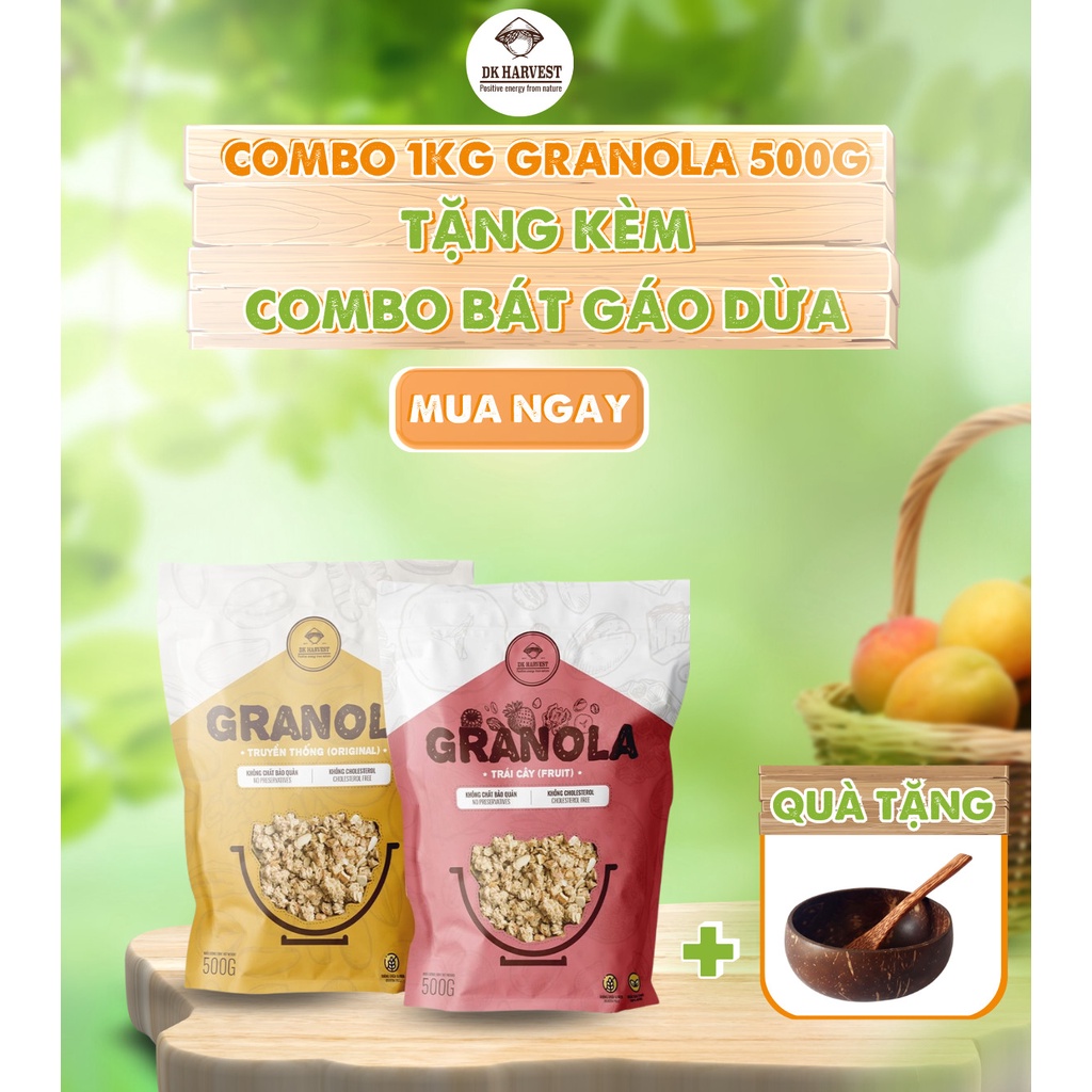 Combo 2 Túi Granola nướng mật ong DK Harvest - tặng kèm 1 bộ bát gáo dừa - 5 loại hạt dinh dưỡng nhập khẩu